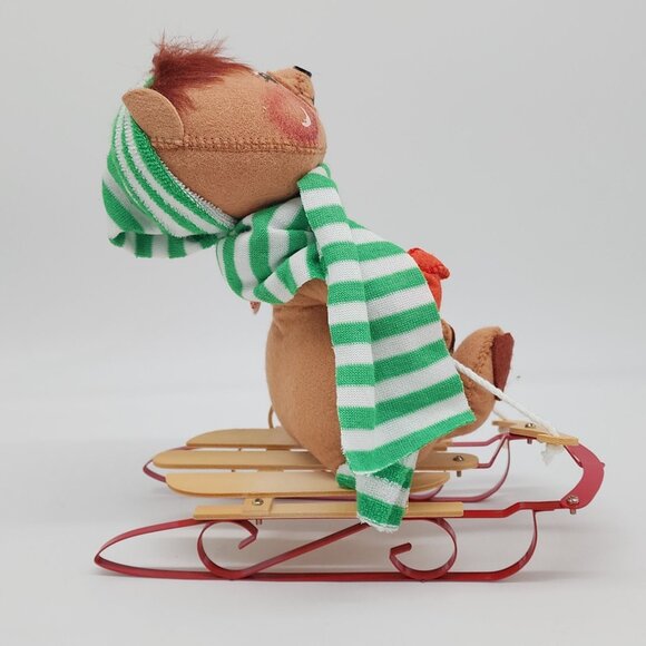 1988 Annalee Bear on Wood Sled 10" Tall Green White Scarf Christmas Decor VTG - Picture 5 of 8